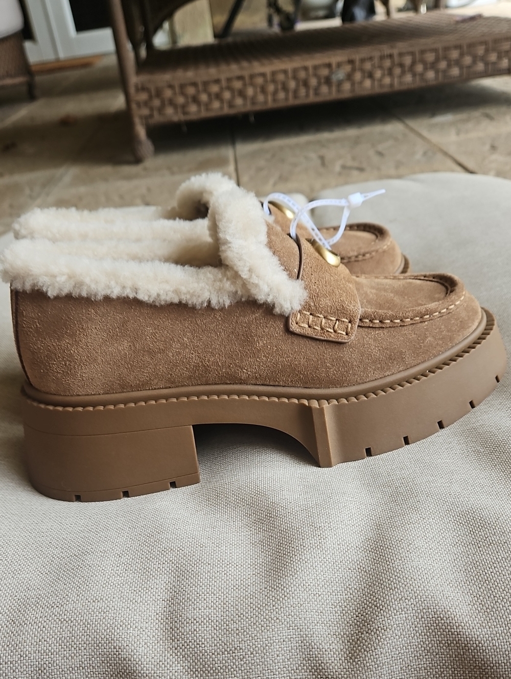 Coach Leah Platform Lug Sole Loafer Suede & Shearling Upper Coconut/Natural, 7 - Picture 5 of 10